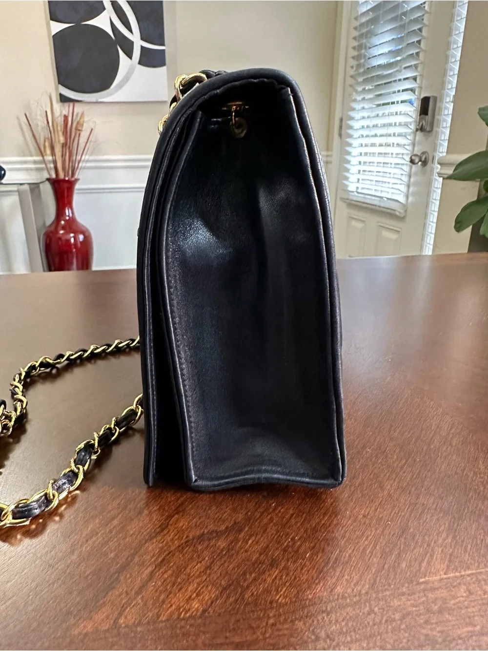 CHANEL Black Quilted Lambskin Shoulder Bag with Gold Chain Detail